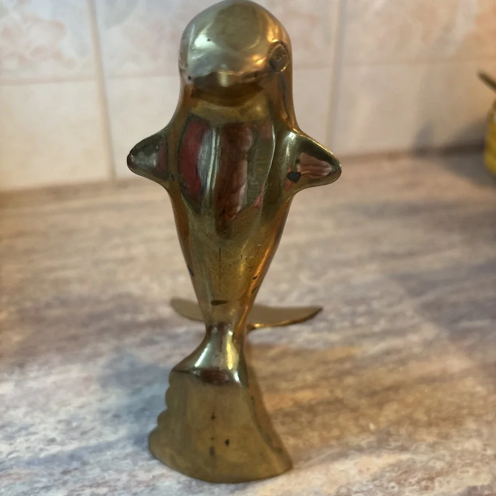 VTG Dolphin Brass figure Standing Riding Wave Surfing 5.5 inches tall dolphin